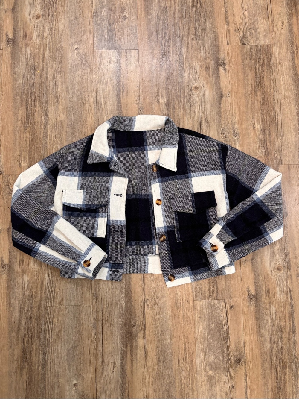 SHEIN Navy Gray Cream Plaid Cropped Shacket